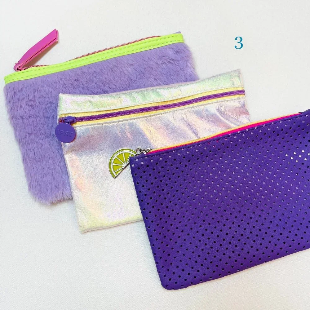 3 Retro Shaggy Fur, Mesh, Iridescent Travel Cosmetic Bag Bundle